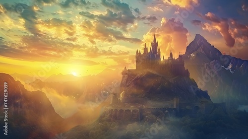 Mysterious medieval castle in the mountains against the backdrop of a magnificent summer sunset. Fantasy background, digital art photo