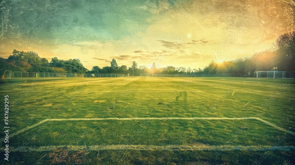 textured free soccer field in the evening light - center, midfield with the soccer ball - obrazy, fototapety, plakaty 