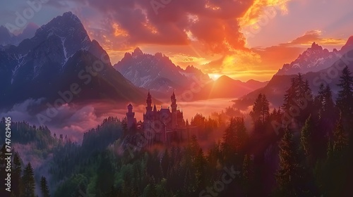 Mysterious medieval castle in the mountains against the backdrop of a magnificent summer sunset. Fantasy background, digital art photo