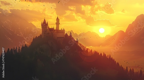 Mysterious medieval castle in the mountains against the backdrop of a magnificent summer sunset. Fantasy background  digital art