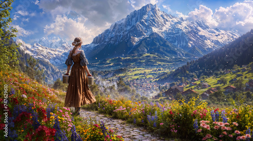 Woman walking through mountain valley path