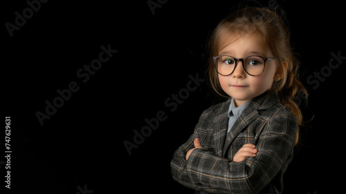 little girl dressed up as a businesswoman isolated on black background
