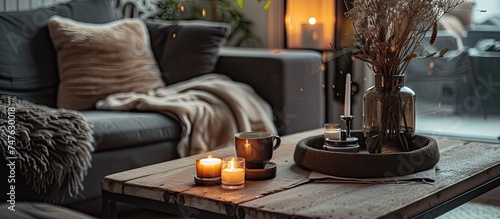 An autumnal Scandinavian home decor living room featuring a cozy ambiance with a comfortable couch, a coffee table, and aroma candles.