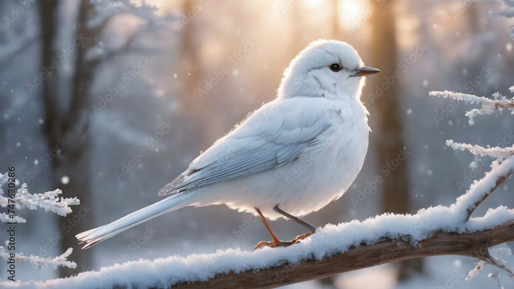 little white bird on a snow branch in a winter snow landscape little white bird on a snow branch in a winter snow landscape