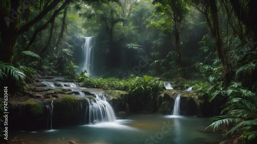 Waterfall cascades in a green forest, natural waterfall with rocks and green moss wallpaper, beautiful nature  © Kawaii