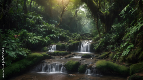 Waterfall cascades in a green forest, natural waterfall with rocks and green moss wallpaper, beautiful nature 