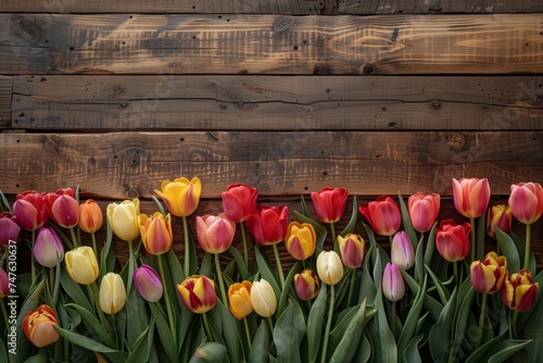 Colorful tulips on rustic wooden background #747630637