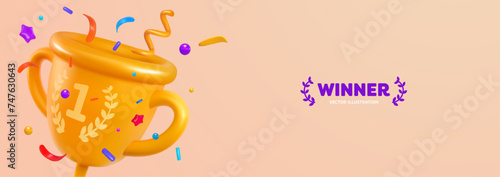 Champion cup with colorful confetti explosion 3d vector illustration. Cartoon trophy bowl with flying foil on light background. Win prize, first place sport competition vector super wide banner.