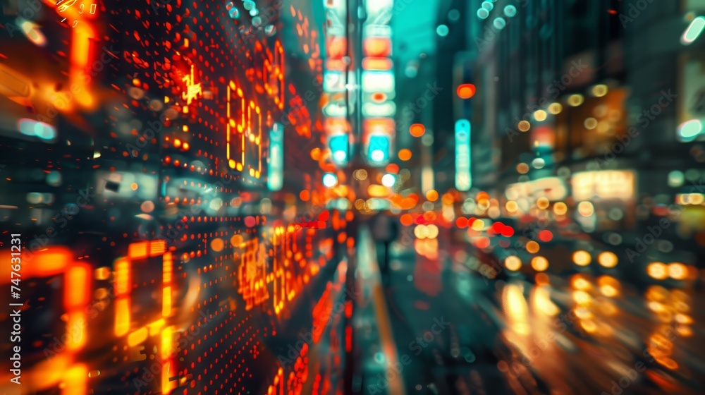 Obraz premium Captivating image of a person walking amidst vibrant city lights, rendered with a motion blur effect