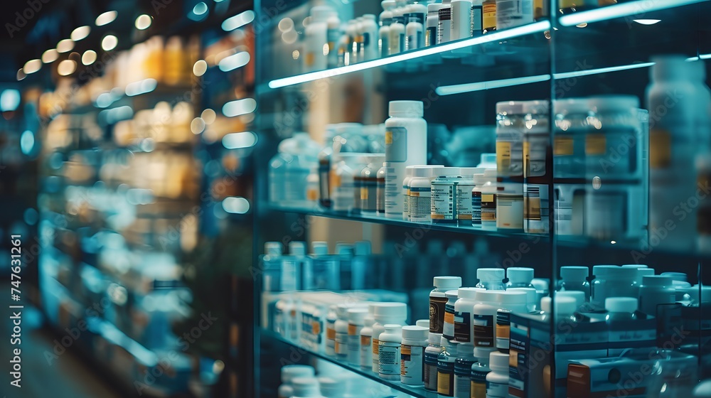 Pharmacy store drugs shelves, pharmacy business store, showcasing various types of prescription medications medical supplies, Shelves with Health Care Products, Concept of pharmacist, blurred image