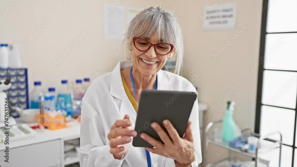 Smiling mature woman scientist with grey hair and glasses uses a tablet in a bright laboratory setting. Smiling mature woman scientist with grey hair and glasses uses a tablet in a bright laboratory setting.