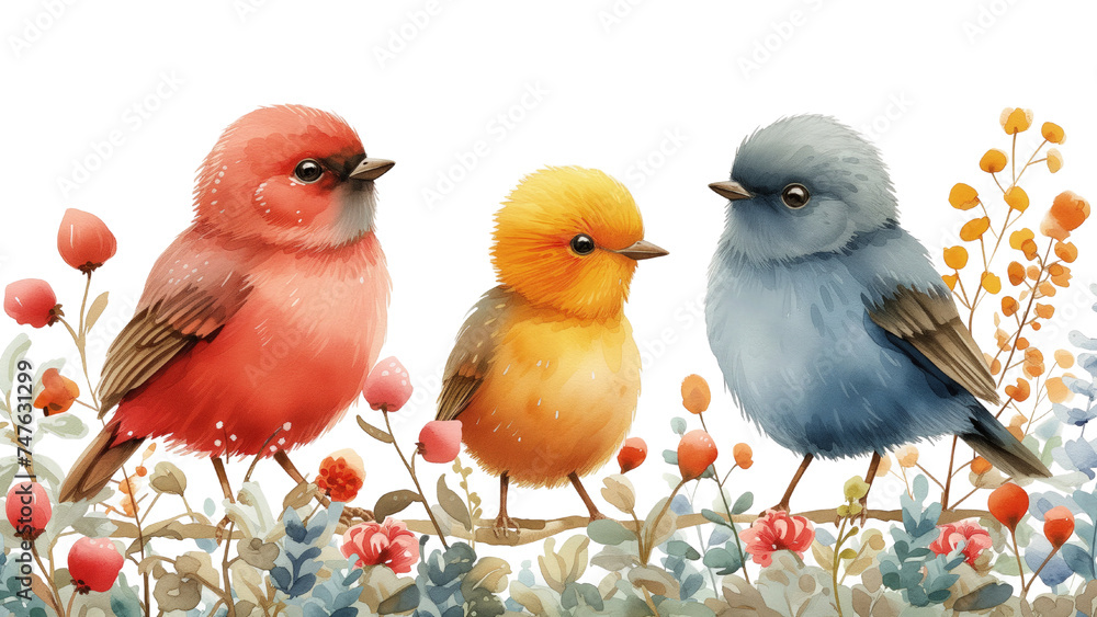 Trzy kolorowe małe ptaki siedzą na gałęzi z bujnymi kwiatami i liśćmi. Rodzinka ptaków, żółty dziecko, czerwona mama i niebieski tata. Styl watercolor painting. - obrazy, fototapety, plakaty 