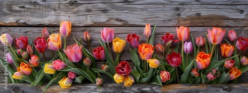 Colorful tulip row on rustic wood background