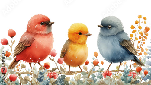 Trzy kolorowe małe ptaki siedzą na gałęzi z bujnymi kwiatami i liśćmi. Rodzinka ptaków, żółty dziecko, czerwona mama i niebieski tata. Styl watercolor painting.