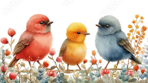 Obraz Trzy kolorowe małe ptaki siedzą na gałęzi z bujnymi kwiatami i liśćmi. Rodzinka ptaków, żółty dziecko, czerwona mama i niebieski tata. Styl watercolor painting.