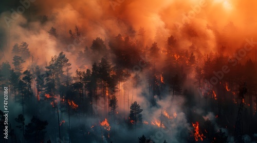Rainforest fire, wildfire, smoke disaster is burning caused by humans during the dry season
 photo