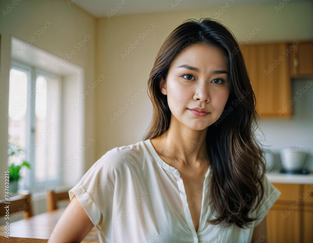 photo of beautiful asian woman as a happy wife at kitchenroom, generative AI