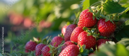 A vibrant photo capturing a multitude of fresh strawberries growing on a bush  showcasing the abundance of the harvest.