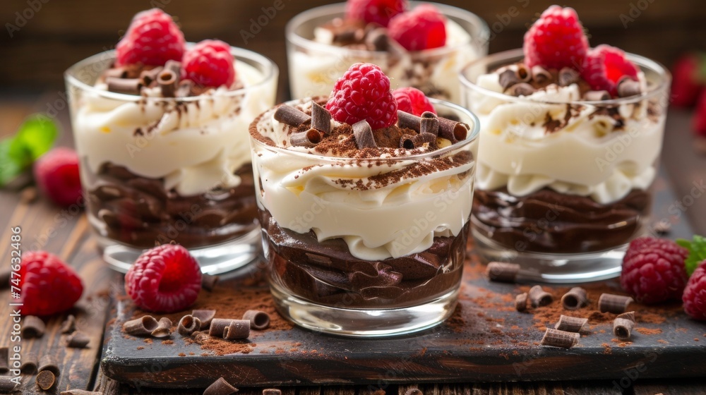 A close up of four glasses filled with chocolate, raspberries and whipped cream, AI A close up of four glasses filled with chocolate, raspberries and whipped cream, AI