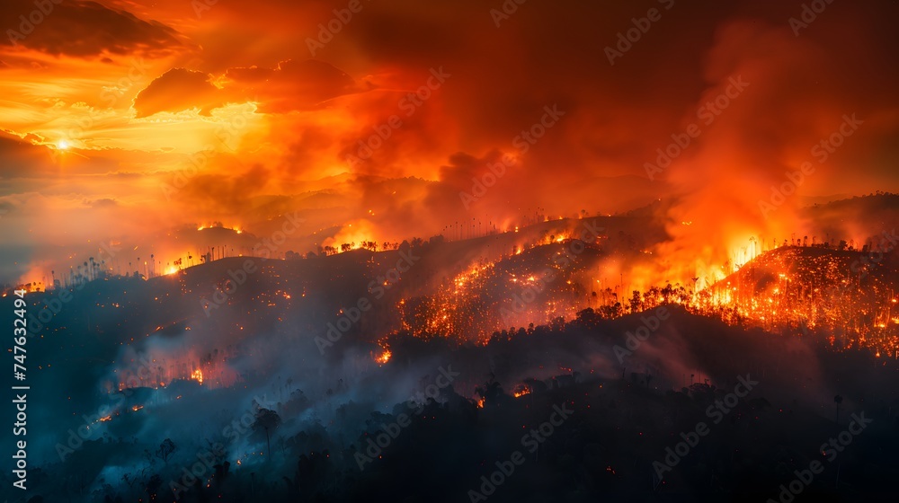 Rainforest fire, wildfire, smoke disaster is burning caused by humans during the dry season
