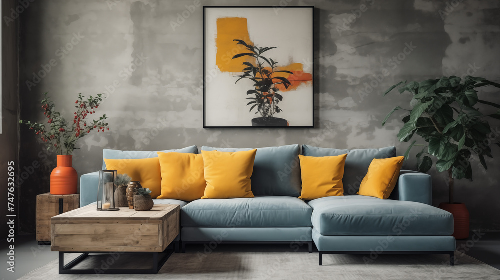 Stylowe industrialne wnętrze salonu z designerską miętową sofą, meblami, nowoczesnym obrazem, roślinami i eleganckimi akcesoriami osobistymi. Wystrój domu. Projektowanie wnętrz. Szablon.