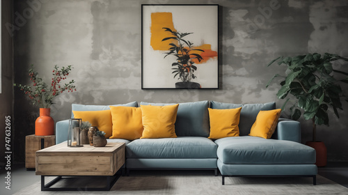 Obraz na płótnie Stylowe industrialne wnętrze salonu z designerską miętową sofą, meblami, nowoczesnym obrazem, roślinami i eleganckimi akcesoriami osobistymi. Wystrój domu. Projektowanie wnętrz. Szablon. w salonie