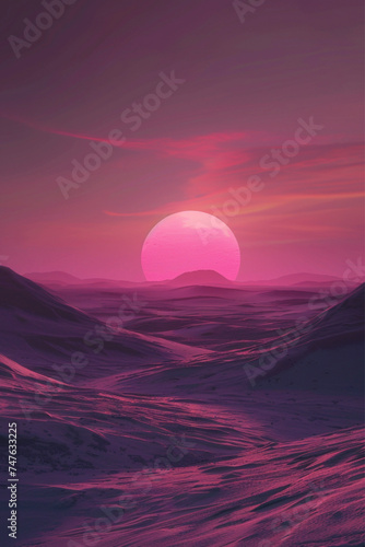 a desert landscape with the sun coming down  in the style of dark pink and azure