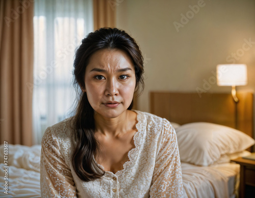 photo of beautiful asian woman as a wife with curious face feeling at bedroom, generative AI