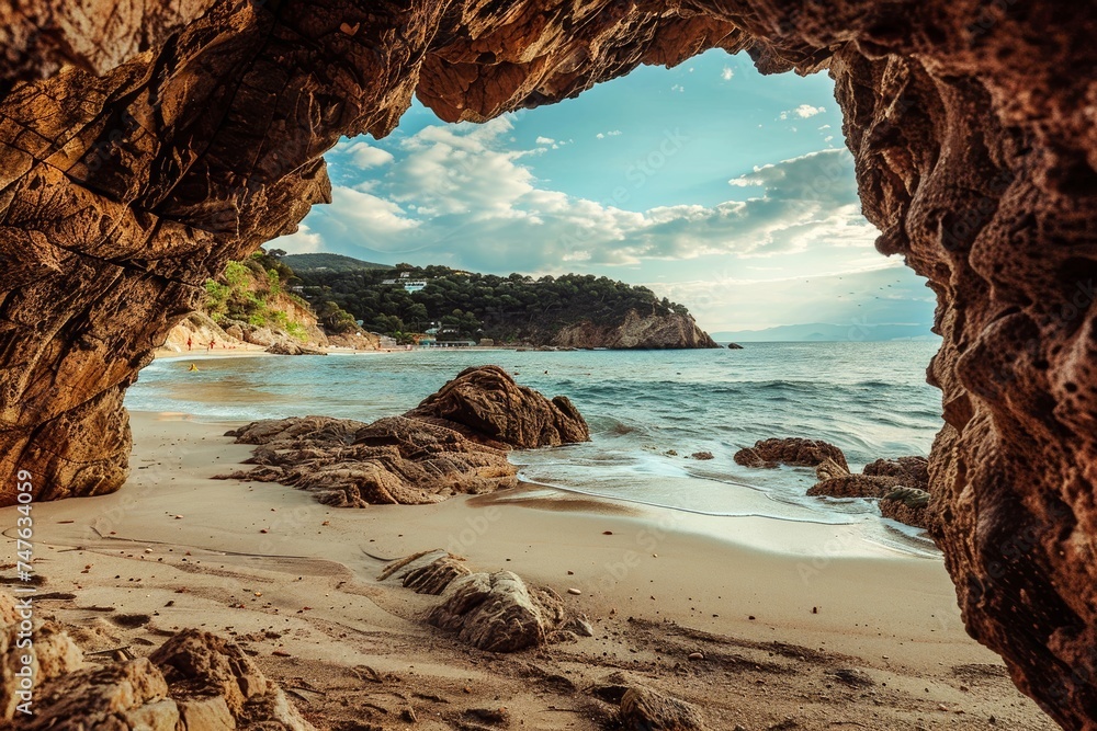 A coastal seascape seen from the inside of a cave, presenting a unique framing of a sunny Mediterranean beach