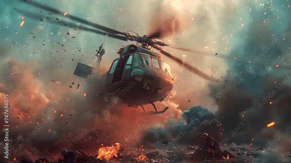 A surreal image of a helicopter flying over a battlefield. The rotors of the helicopter spinning fast. The soldiers fighting in the background, with guns and explosions.