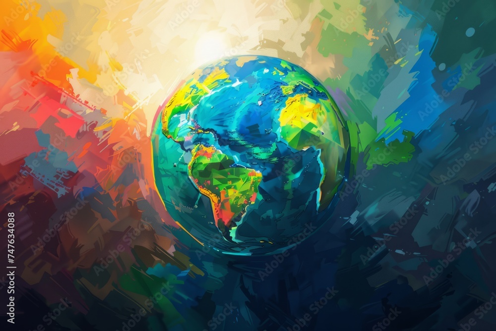 a bright background surrounded by a globe with colored light flashing Generative AI