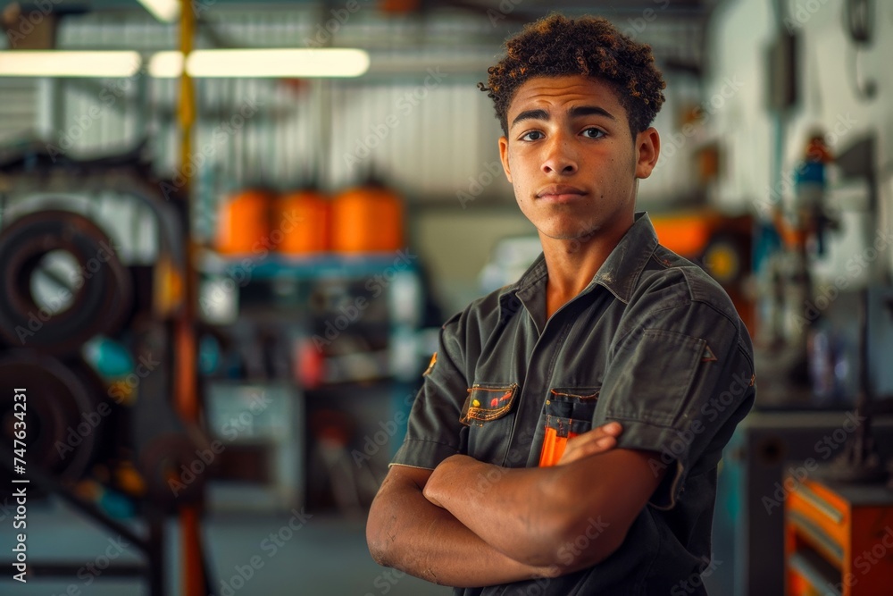 Young apprentice mechanic confidently stands in an industrial workshop environment Young apprentice mechanic confidently stands in an industrial workshop environment
