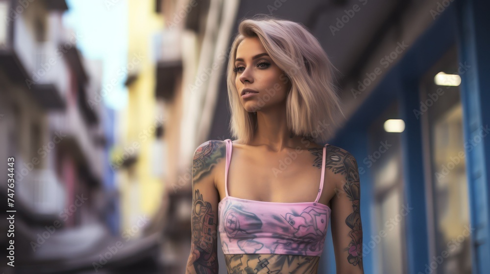 Tattooed girl on city street. Young model with tattoos on her shoulder, modern subculture and fashion. AI generated. Portrait of a beauty woman