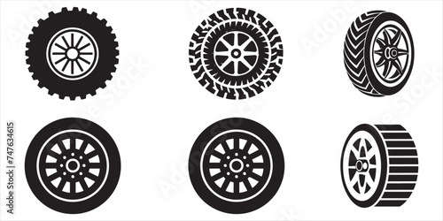 Black Rubber Wheel Tire Set Outline Vector Illustration on white background