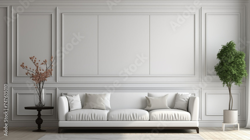 Stylowe minimalistyczne wnętrze salonu z designerską białą sofą, meblami, nowoczesnym obrazem, lamperią, roślinami i eleganckimi akcesoriami osobistymi. Wystrój domu. Projektowanie wnętrz. Szablon.