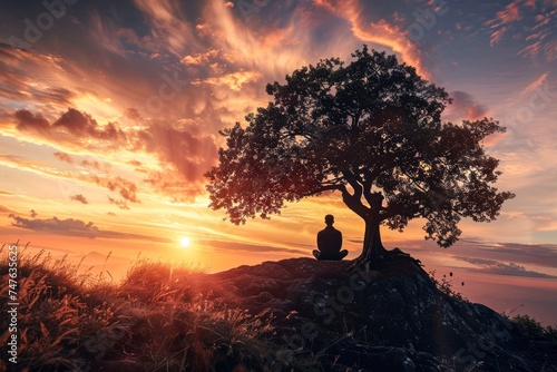 An individual in a meditative pose under a lone tree on a hill, backlit by a vibrant sunset, symbolizing peace and introspection photo