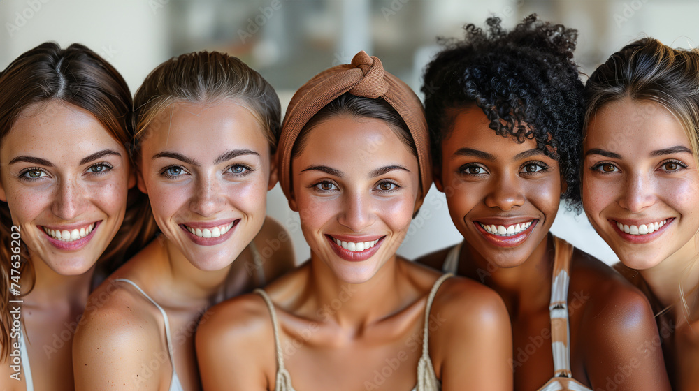 Fototapeta premium Joyful unity: Diverse women embrace happiness, women's day concept.