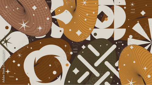 Abstract geometric background with 3d oval torus wireframes form graphic of geometrical shapes modern design, vector color Full HD composition in Y2k trendy style artwork