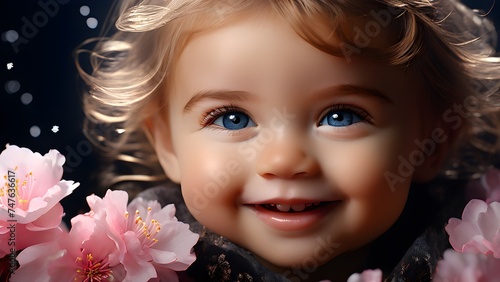 Closeup portrait of beautiful smiling baby with pink flowers