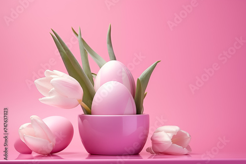 Creative still life composition with easter eggs and tulip flower on bright pink background