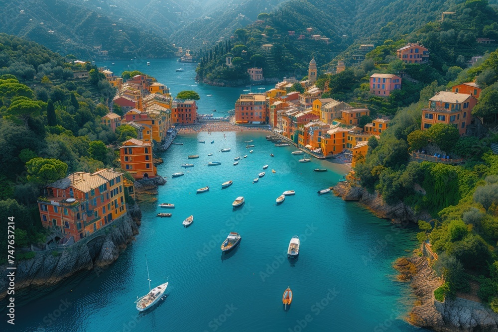 Aerial view of Portofino Bay with boats and yachts, houses and trees. Summer landscape. Portofino, Italy