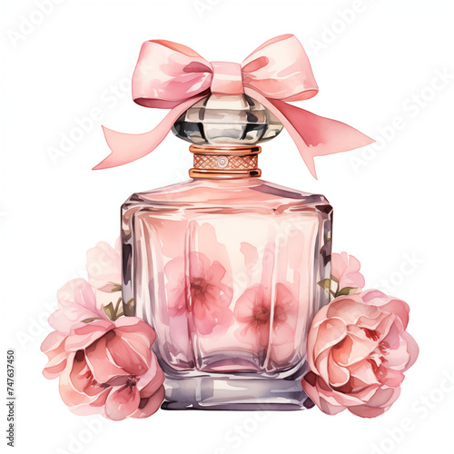 Watercolor Perfume with Pink Rose Flowers Illustration. Luxury Perfume Bottle with Ribbon Bow Flower Clip Art. Spring and Summer Floral. Isolated On White Background.