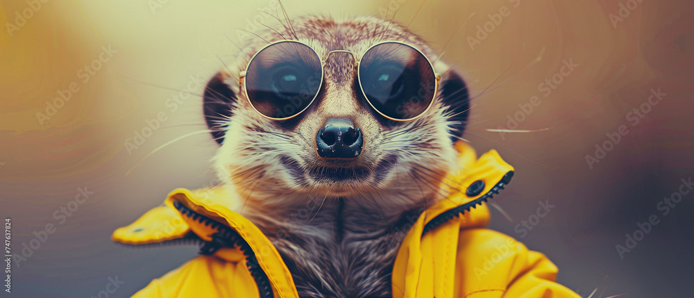 Meerkat in Chic Sunglasses and Yellow Raincoat