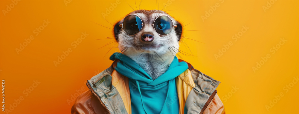 Meerkat in Sunglasses and Jacket on Orange Background