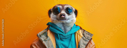 Meerkat in Sunglasses and Jacket on Orange Background