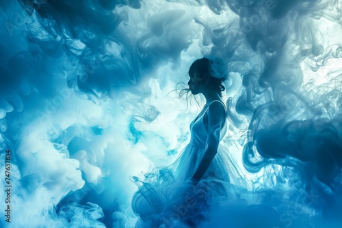 The elegant silhouette of a woman dancing, with flowing lines and movements enhanced by a swirling blue smoke background