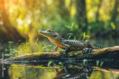 A juvenile alligator basks on a sunlit log in the marsh waters, showcasing the beauty and stillness of natural habitats