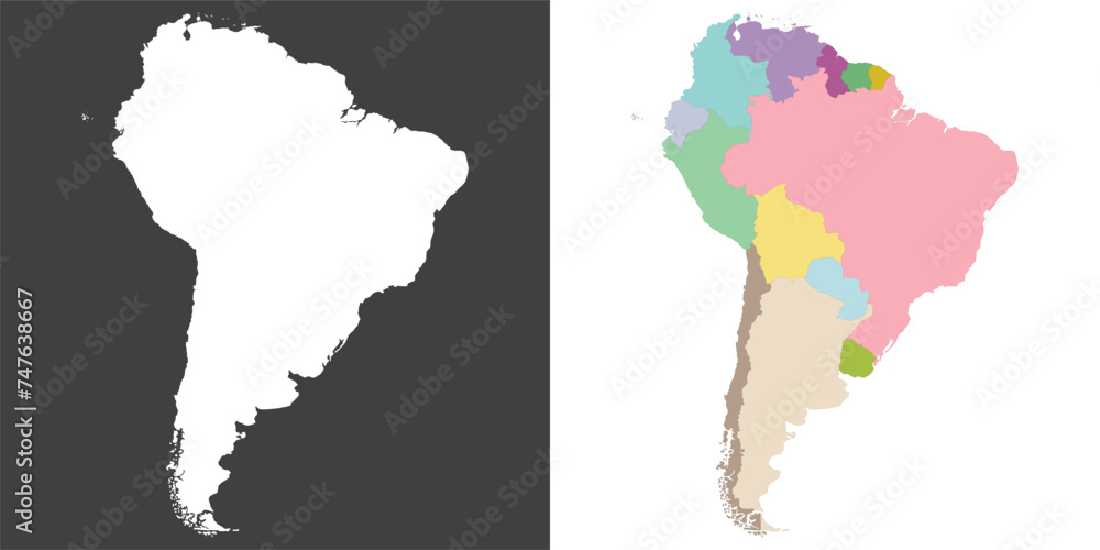 South America country Map. Map of South America in set