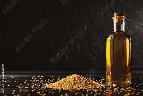 Sesame oil in a glass bottle with sesame seeds