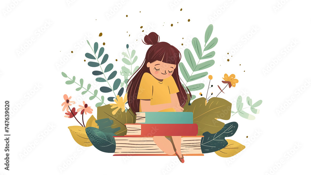 Dziewczyna siedzi na górze książek, spoglądając w dal. Jej ręce spoczywają na kolejnych tomach, a ona uważnie się przygląda - obrazy, fototapety, plakaty 